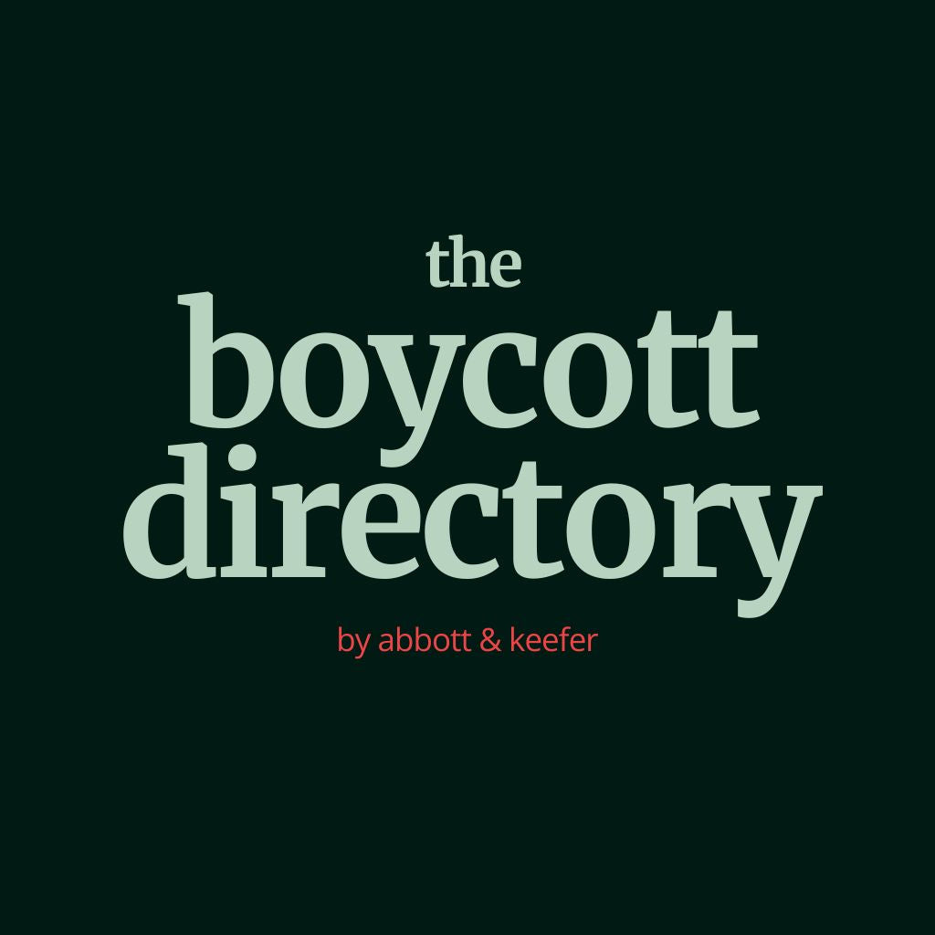 Dark green background with bold serif text reading “the boycott directory” and smaller red subtext “by abbott & keefer."