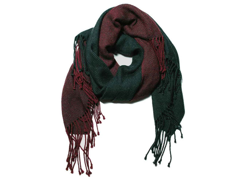 Handwoven alpaca scarf in alternating burgundy and black tones, finished with twisted fringe ends.